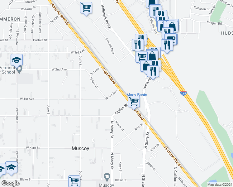 map of restaurants, bars, coffee shops, grocery stores, and more near 2035 West 1st Avenue in Muscoy