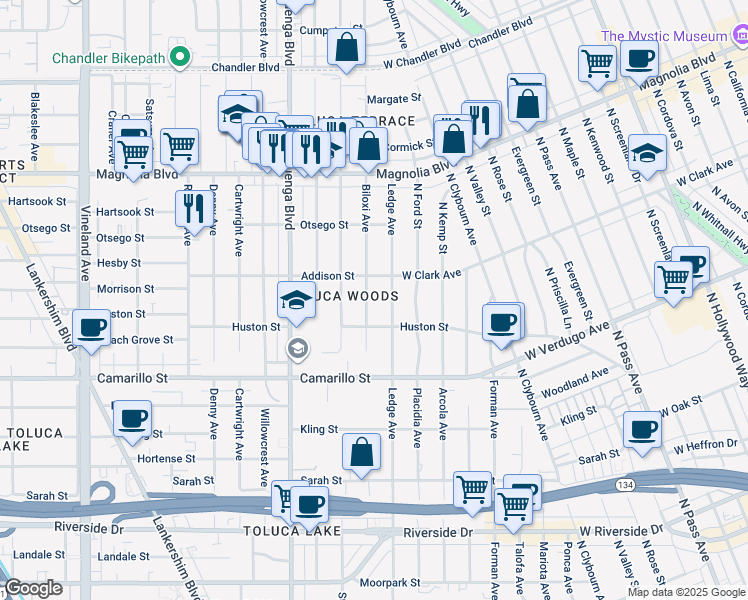 map of restaurants, bars, coffee shops, grocery stores, and more near 4930 Biloxi Avenue in Los Angeles