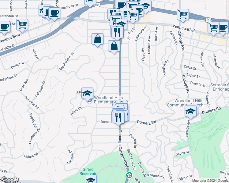map of restaurants, bars, coffee shops, grocery stores, and more near 22021 Velicata Street in Los Angeles