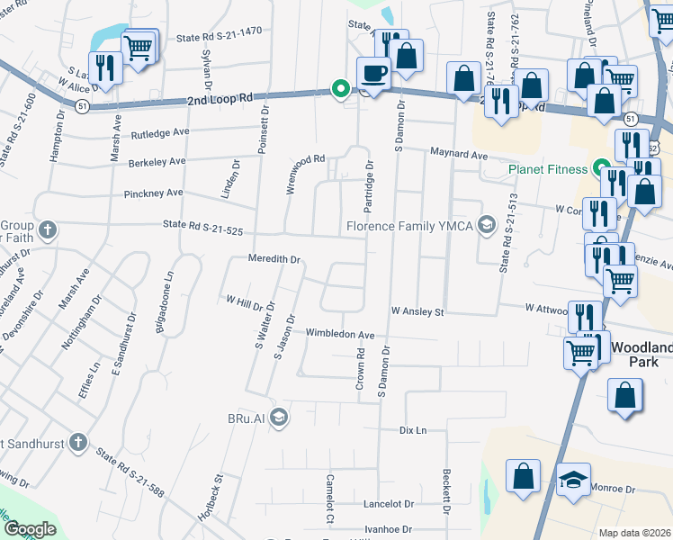 map of restaurants, bars, coffee shops, grocery stores, and more near 1878 Partridge Circle in Florence