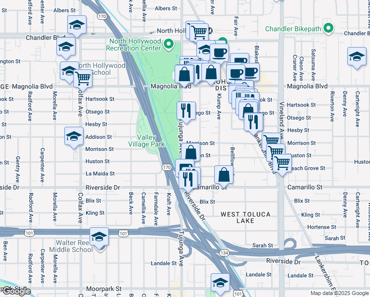 map of restaurants, bars, coffee shops, grocery stores, and more near 4918 Tujunga Avenue in Los Angeles