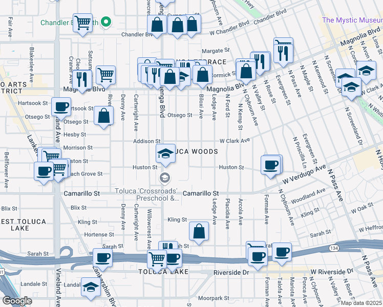 map of restaurants, bars, coffee shops, grocery stores, and more near 4930 Strohm Avenue in Los Angeles