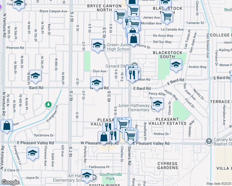 map of restaurants, bars, coffee shops, grocery stores, and more near 237 Brucker Road West in Oxnard