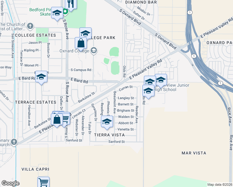 map of restaurants, bars, coffee shops, grocery stores, and more near 2001-2129 Curran Street in Oxnard