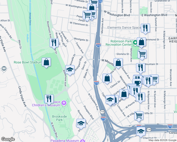 map of restaurants, bars, coffee shops, grocery stores, and more near 1011 Lincoln Avenue in Pasadena