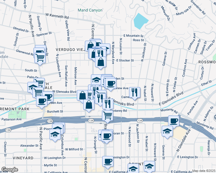 map of restaurants, bars, coffee shops, grocery stores, and more near 1000 North Brand Boulevard in Glendale