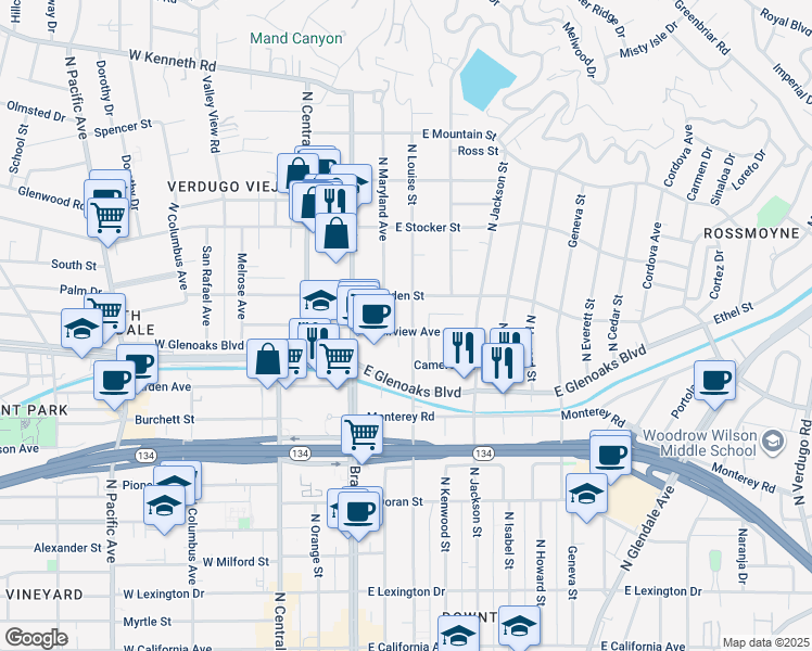 map of restaurants, bars, coffee shops, grocery stores, and more near 1003 North Louise Street in Glendale