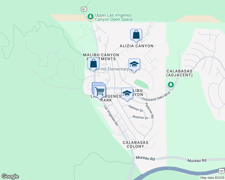 map of restaurants, bars, coffee shops, grocery stores, and more near 5685 Ruthwood Drive in Calabasas