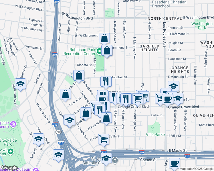 map of restaurants, bars, coffee shops, grocery stores, and more near 886 North Fair Oaks Avenue in Pasadena