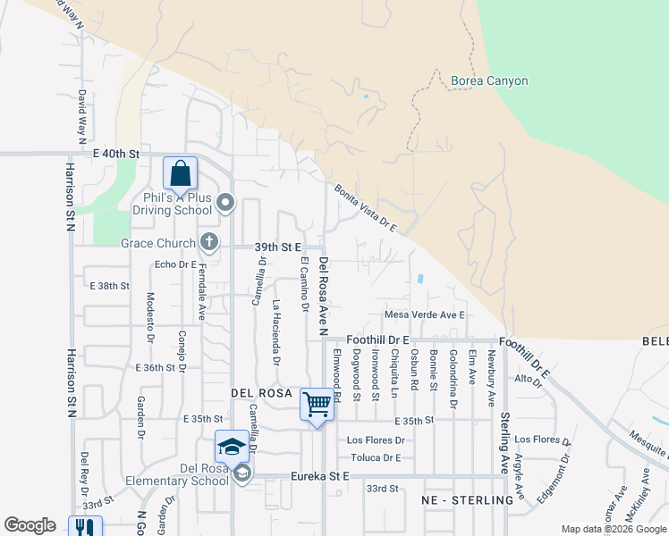 map of restaurants, bars, coffee shops, grocery stores, and more near 1607 Echo Drive East in San Bernardino