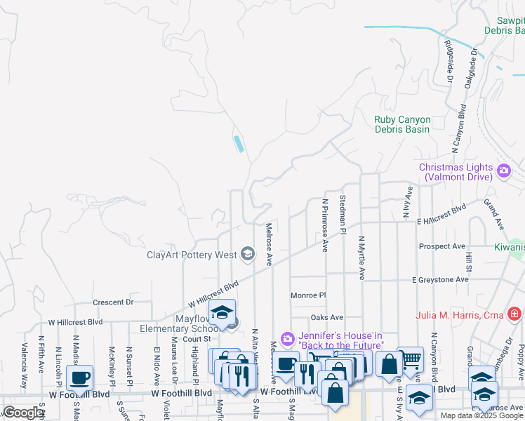 map of restaurants, bars, coffee shops, grocery stores, and more near 2 North Alta Vista Avenue in Monrovia