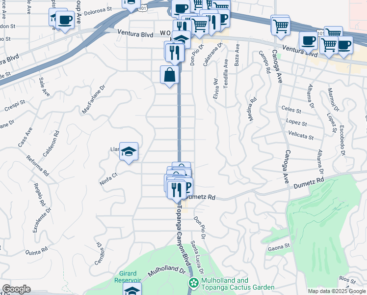 map of restaurants, bars, coffee shops, grocery stores, and more near 5036 Topanga Canyon Boulevard in Los Angeles