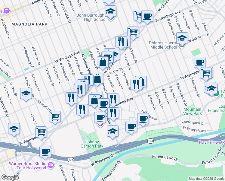 map of restaurants, bars, coffee shops, grocery stores, and more near 249 South Lincoln Street in Burbank