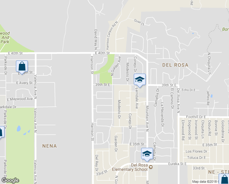 map of restaurants, bars, coffee shops, grocery stores, and more near 3851 Golden Avenue North in San Bernardino