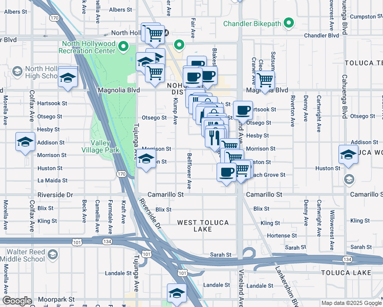 map of restaurants, bars, coffee shops, grocery stores, and more near 11151 Morrison Street in Los Angeles