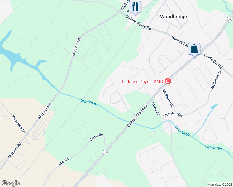 map of restaurants, bars, coffee shops, grocery stores, and more near 4217 Brentwood Drive in Buford