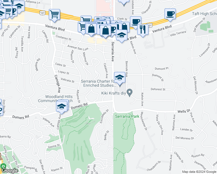 map of restaurants, bars, coffee shops, grocery stores, and more near 5005 Catalon Avenue in Los Angeles