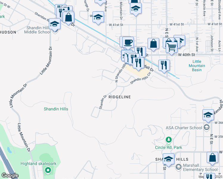 map of restaurants, bars, coffee shops, grocery stores, and more near 3778 Shandin Drive in San Bernardino