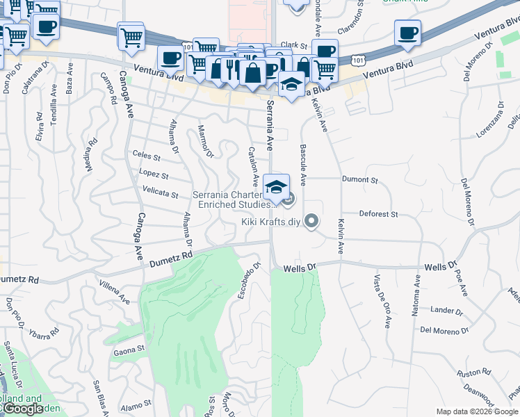 map of restaurants, bars, coffee shops, grocery stores, and more near 5005 Catalon Avenue in Los Angeles