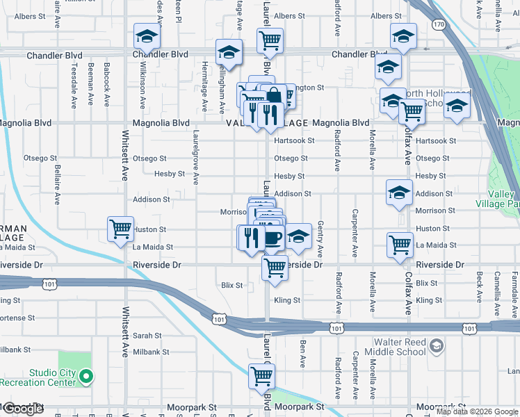 map of restaurants, bars, coffee shops, grocery stores, and more near in Los Angeles
