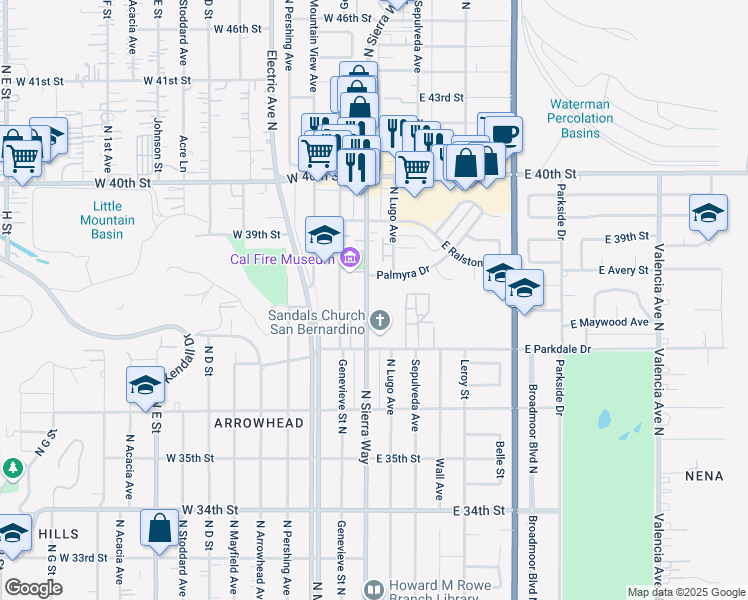 map of restaurants, bars, coffee shops, grocery stores, and more near 3851 North Sierra Way in San Bernardino