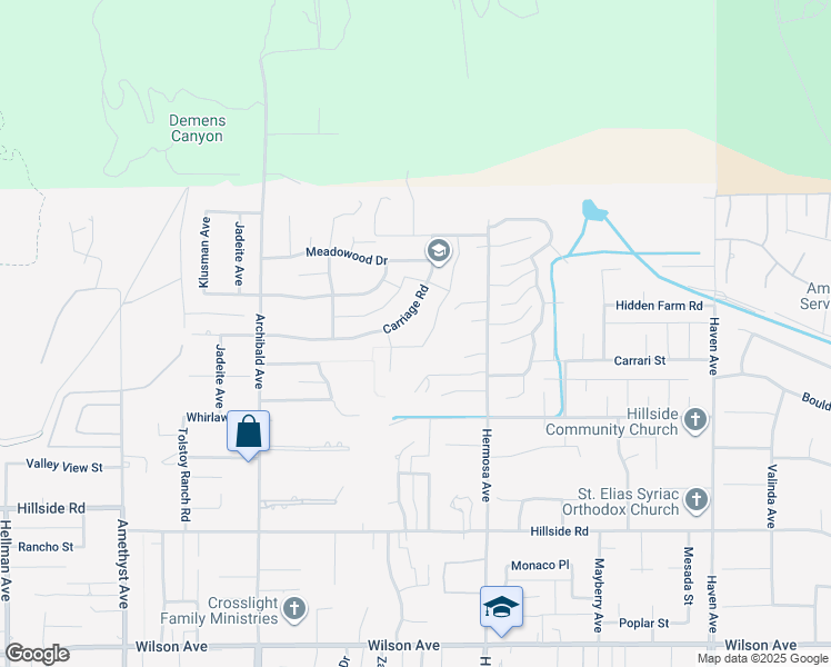 map of restaurants, bars, coffee shops, grocery stores, and more near 5101 Carriage Road in Rancho Cucamonga