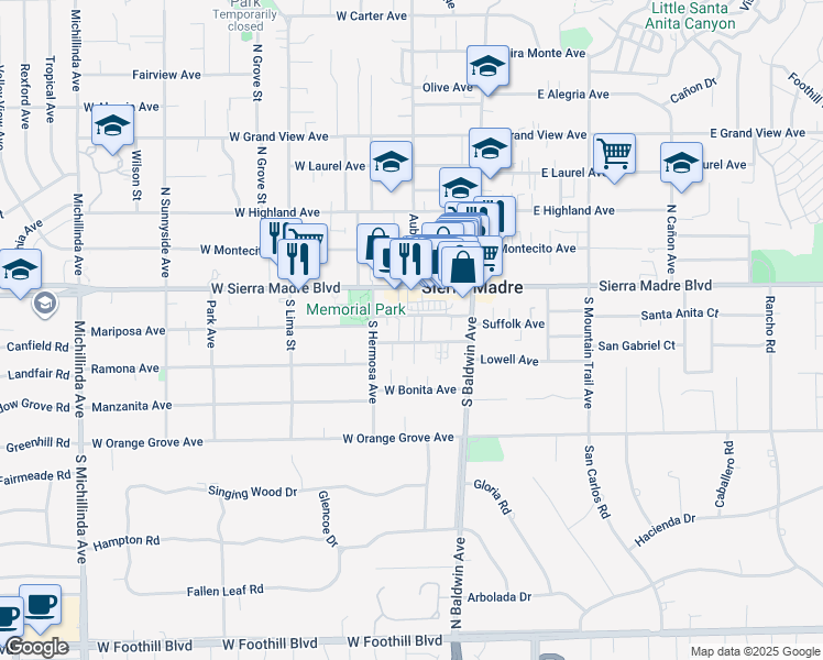 map of restaurants, bars, coffee shops, grocery stores, and more near 5 Mariposa Avenue in Sierra Madre