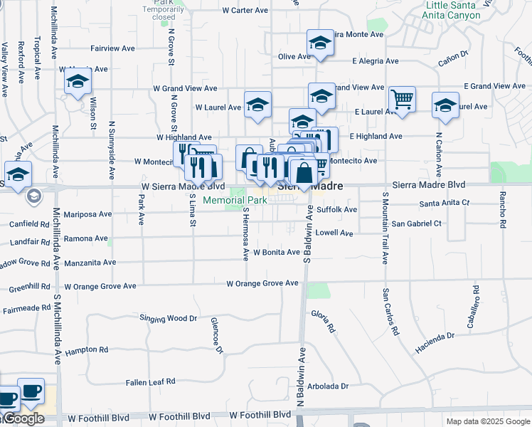 map of restaurants, bars, coffee shops, grocery stores, and more near 147 Mariposa Avenue in Sierra Madre