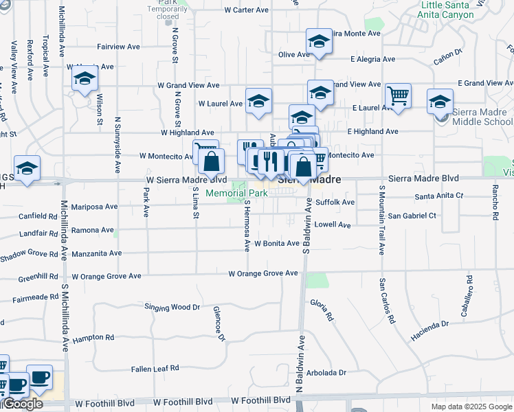 map of restaurants, bars, coffee shops, grocery stores, and more near 147 Mariposa Avenue in Sierra Madre