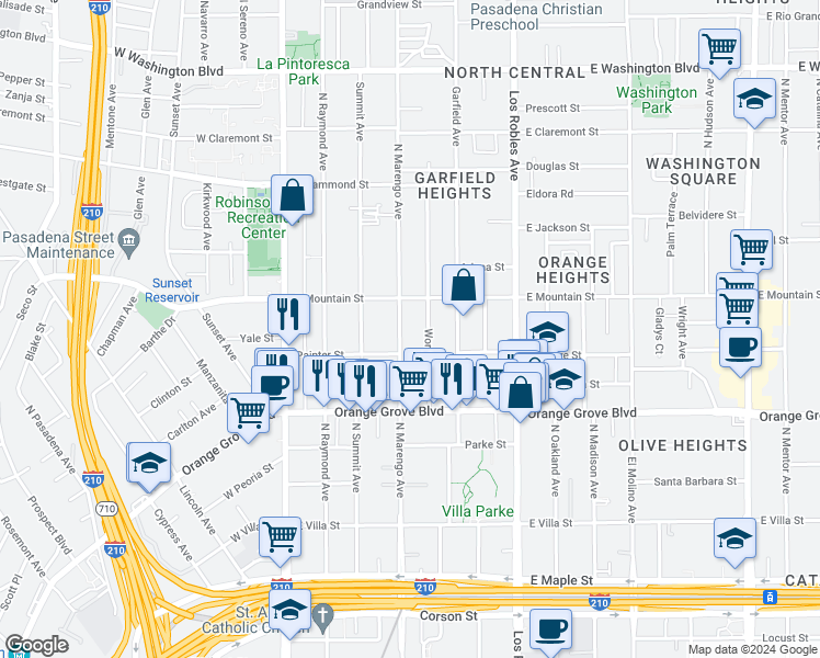 map of restaurants, bars, coffee shops, grocery stores, and more near 882 North Marengo Avenue in Pasadena