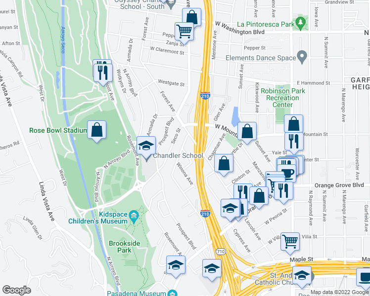 map of restaurants, bars, coffee shops, grocery stores, and more near 1011 Lincoln Avenue in Pasadena