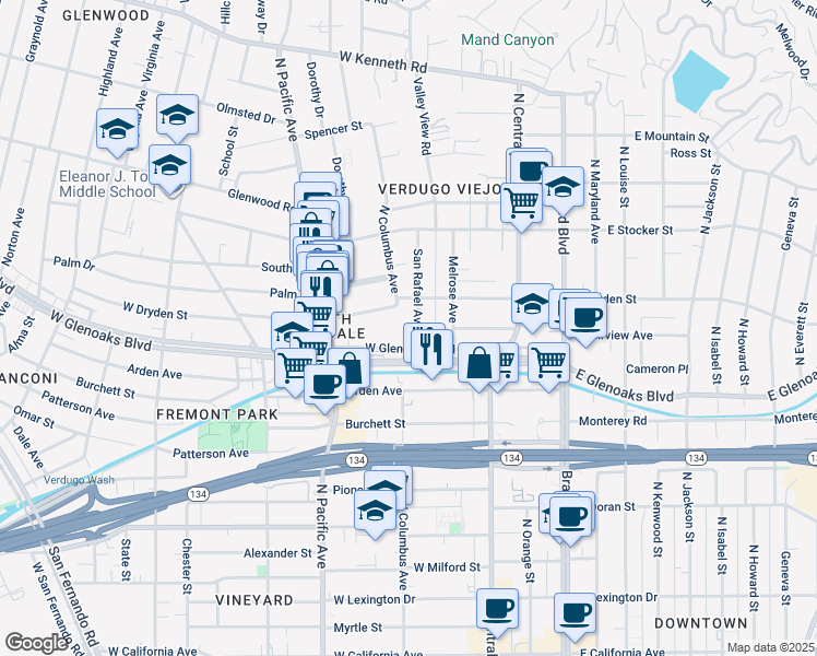 map of restaurants, bars, coffee shops, grocery stores, and more near 396 West Dryden Street in Glendale
