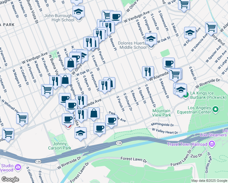 map of restaurants, bars, coffee shops, grocery stores, and more near 324 South Lamer Street in Burbank