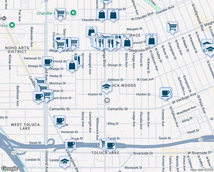map of restaurants, bars, coffee shops, grocery stores, and more near 4953 Auckland Avenue in Los Angeles