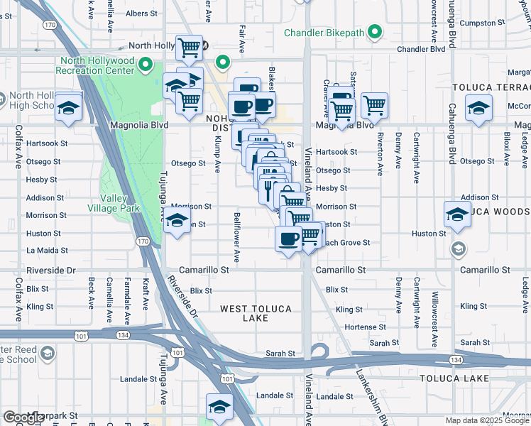 map of restaurants, bars, coffee shops, grocery stores, and more near 5003 Lankershim Boulevard in Los Angeles