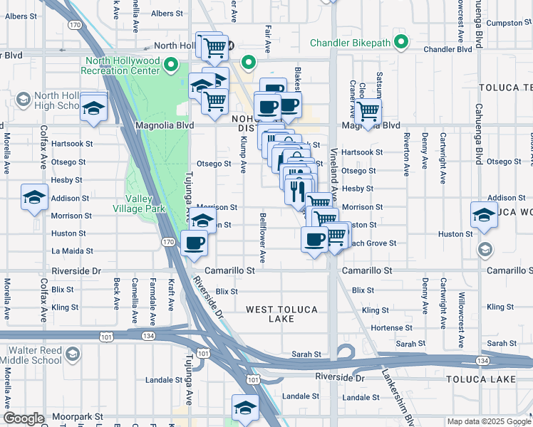map of restaurants, bars, coffee shops, grocery stores, and more near 11151 Morrison Street in Los Angeles