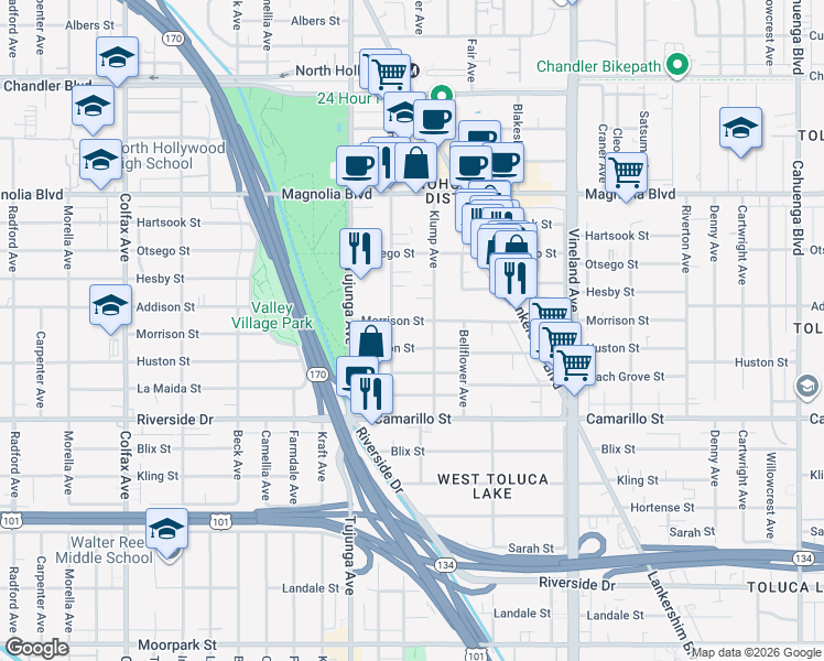 map of restaurants, bars, coffee shops, grocery stores, and more near 11265 Morrison Street in Los Angeles