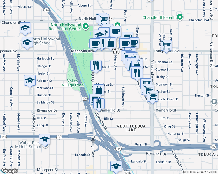 map of restaurants, bars, coffee shops, grocery stores, and more near 11265 Morrison Street in Los Angeles