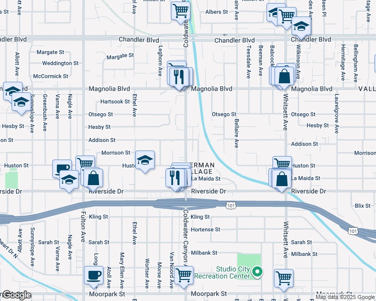 map of restaurants, bars, coffee shops, grocery stores, and more near 4957 Alcove Avenue in Los Angeles