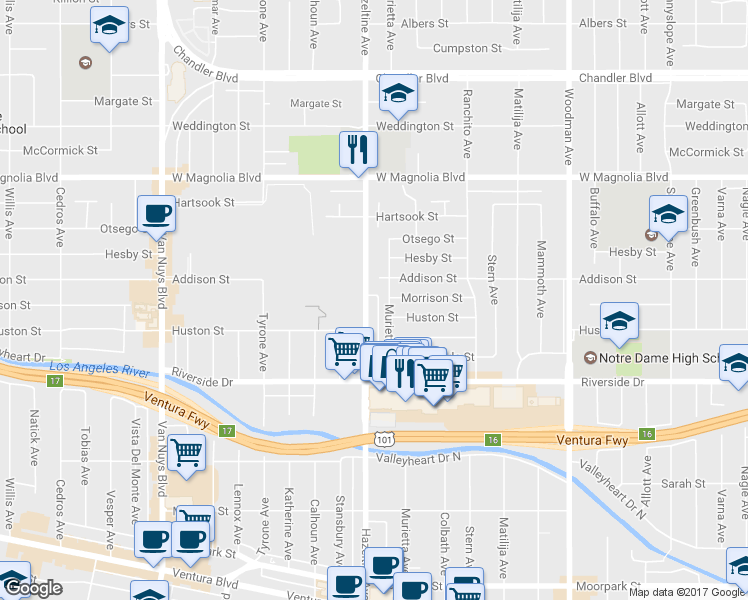 map of restaurants, bars, coffee shops, grocery stores, and more near 4960 Hazeltine Avenue in Los Angeles