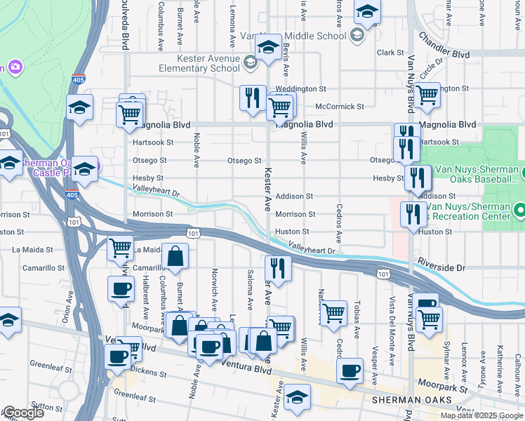 map of restaurants, bars, coffee shops, grocery stores, and more near 4975 Kester Avenue in Los Angeles