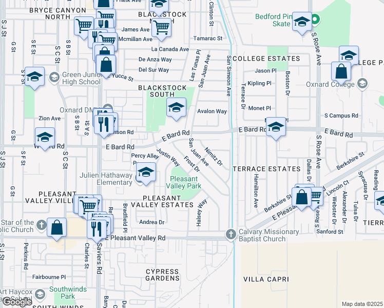 map of restaurants, bars, coffee shops, grocery stores, and more near 4251 San Juan Avenue in Oxnard