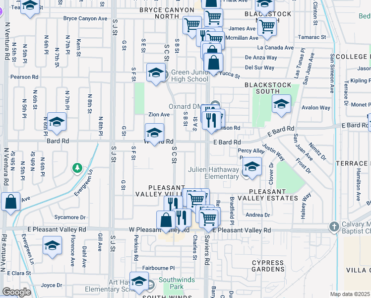 map of restaurants, bars, coffee shops, grocery stores, and more near 247 West Bard Road in Oxnard