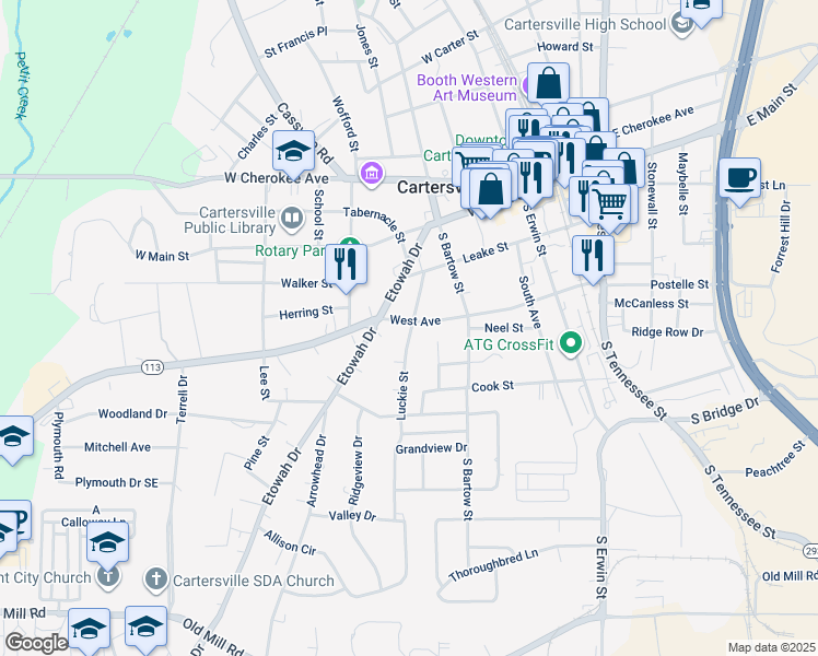 map of restaurants, bars, coffee shops, grocery stores, and more near 402 West Avenue in Cartersville