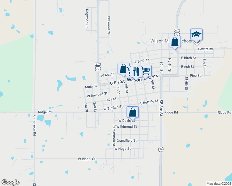 map of restaurants, bars, coffee shops, grocery stores, and more near 112 2nd Street in Wilson