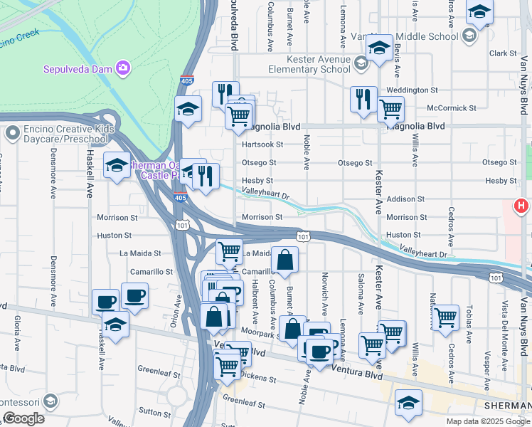map of restaurants, bars, coffee shops, grocery stores, and more near 15200 Valleyheart Drive in Los Angeles