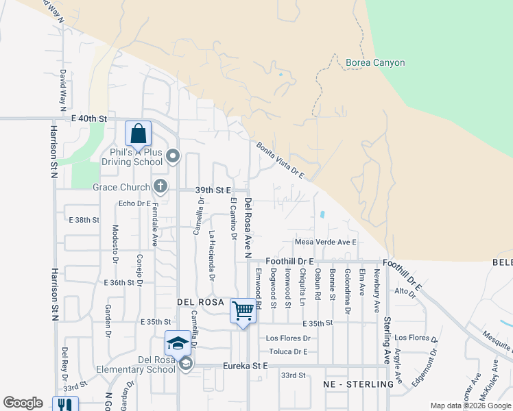 map of restaurants, bars, coffee shops, grocery stores, and more near 1607 Echo Drive East in San Bernardino