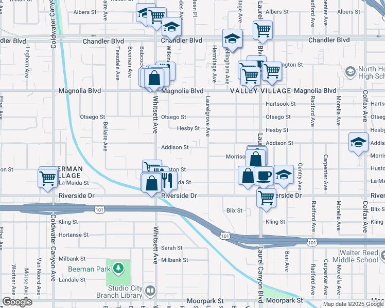 map of restaurants, bars, coffee shops, grocery stores, and more near 12347 Addison Street in Los Angeles