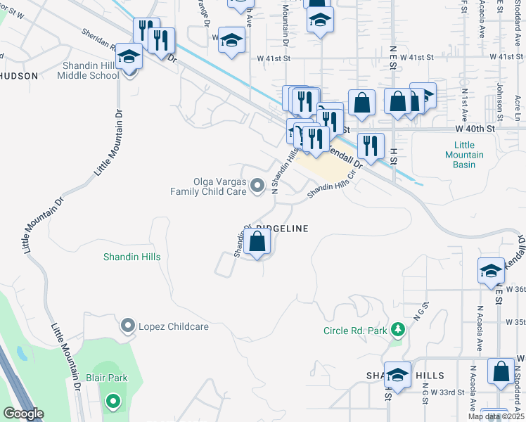map of restaurants, bars, coffee shops, grocery stores, and more near 3778 Shandin Drive in San Bernardino