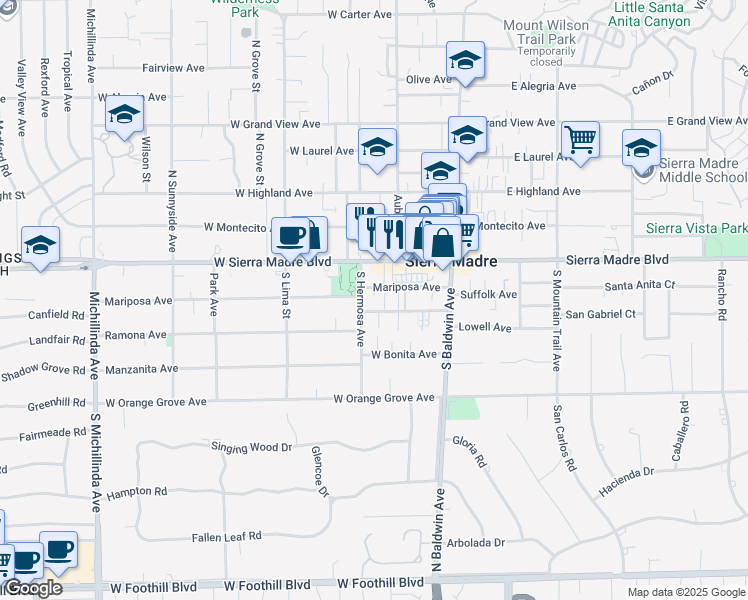 map of restaurants, bars, coffee shops, grocery stores, and more near 157 Esperanza Avenue in Sierra Madre